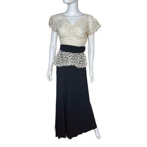 Vintage 1940s Gothé NY Ivory & Black Rayon/Silk W/ Lace Dress Full Sweep Skirt